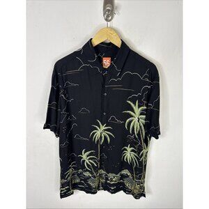 Tori Richard 56 Hawaiian Shirt L Black Palm Tree Scenic Viscose Made in USA